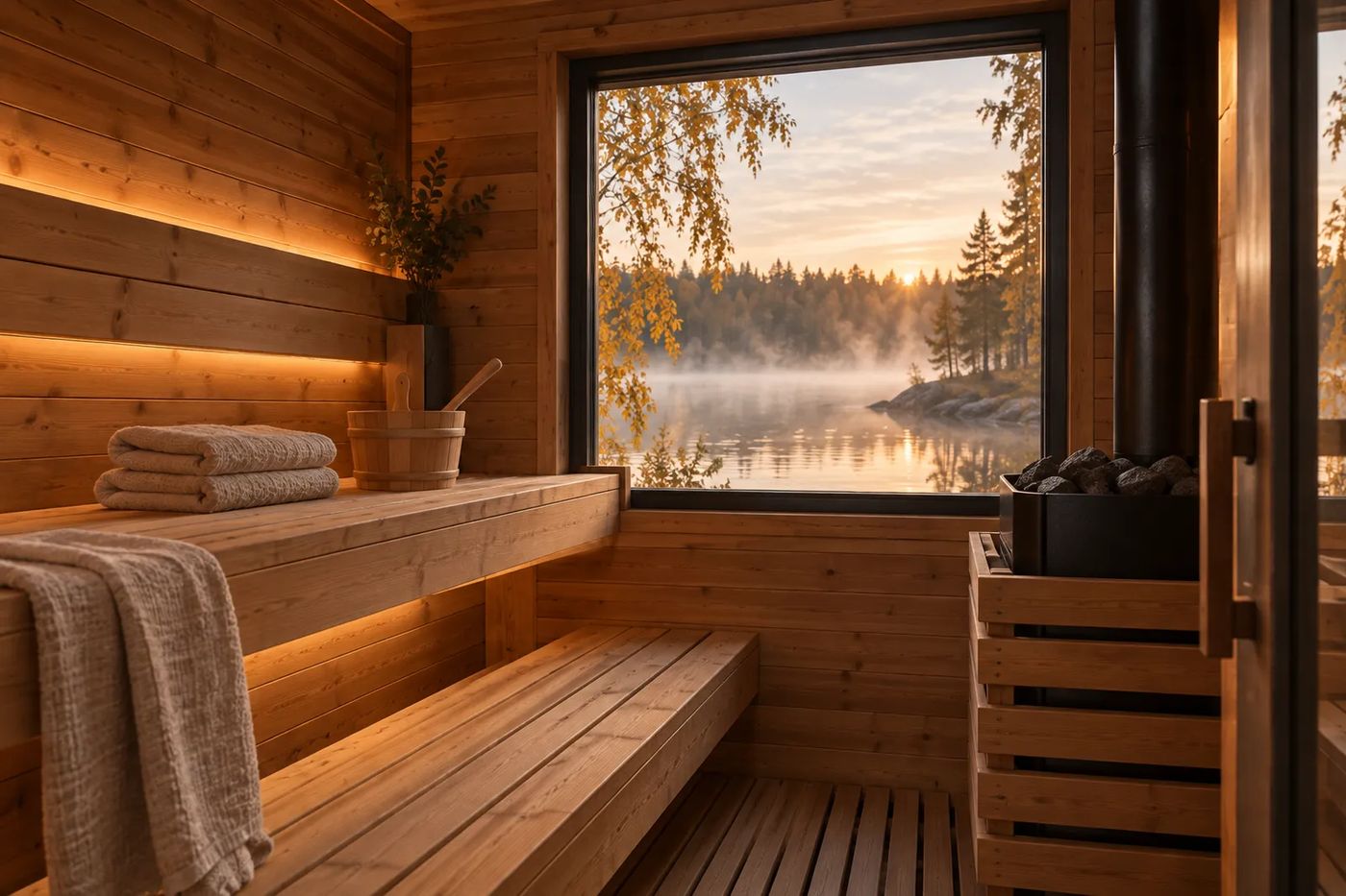 Drewniana sauna od środka z oknem na jezioro